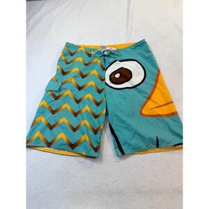 Disney Phineas and Ferb Perry the Platypus Board Shorts Teal Mens 36 Chevron